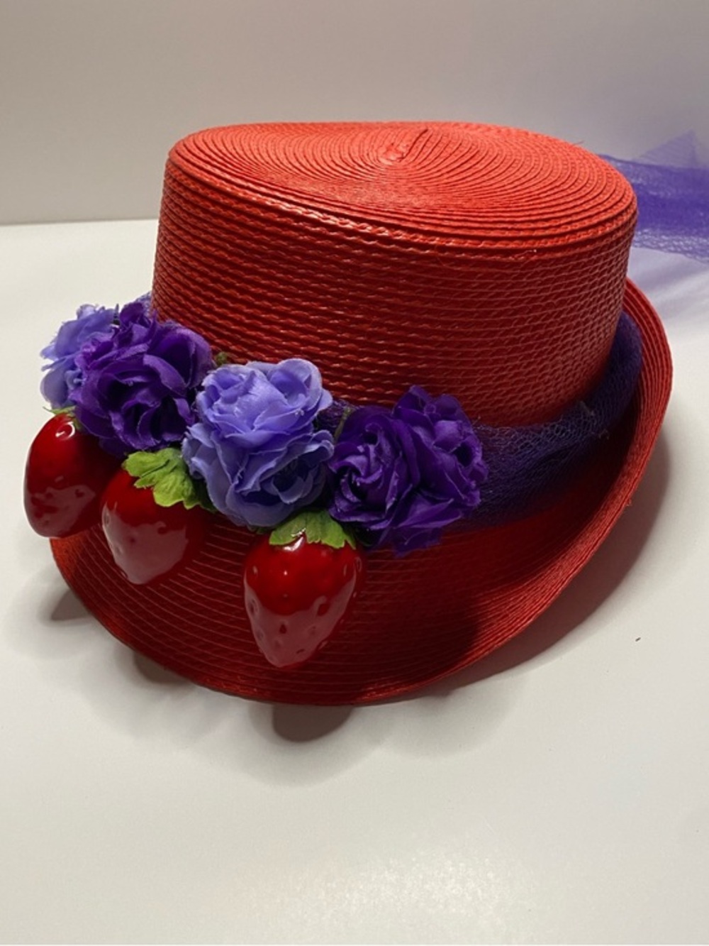 Unique Red Straw Fedora Derby Hat w/ Strawberries & Purple Flowers
